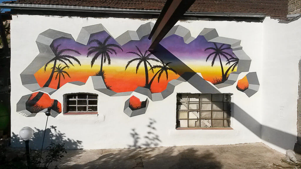 Palmen Sonnenuntergang Wand Graffiti Ausbruch