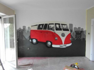 VW Van Oldtimer Graffiti im Wohnzimmer Skyline von Essen